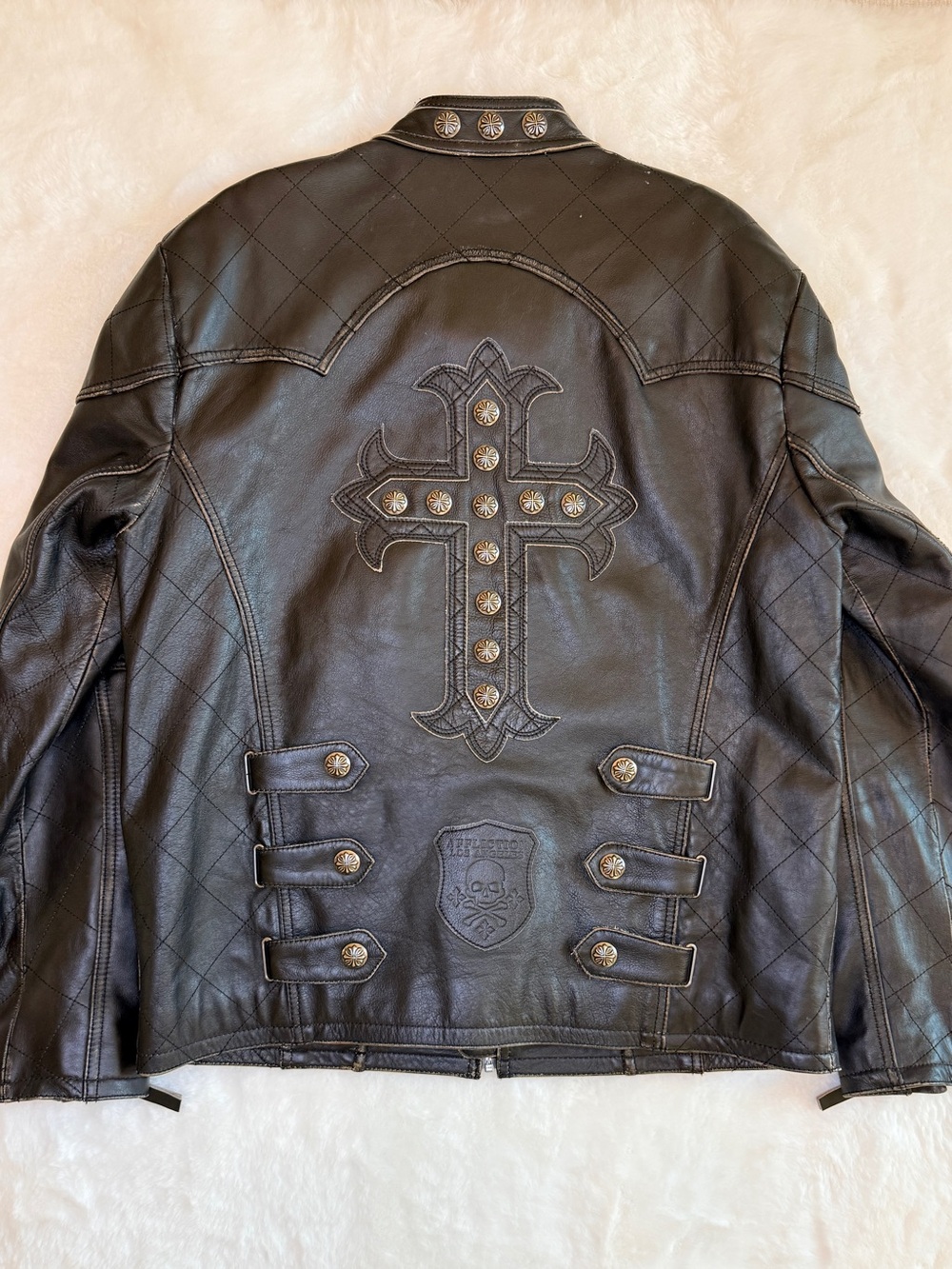 Affliction Men’s Black Leather Bomber Jacket with Embroidered Cross Sleeves